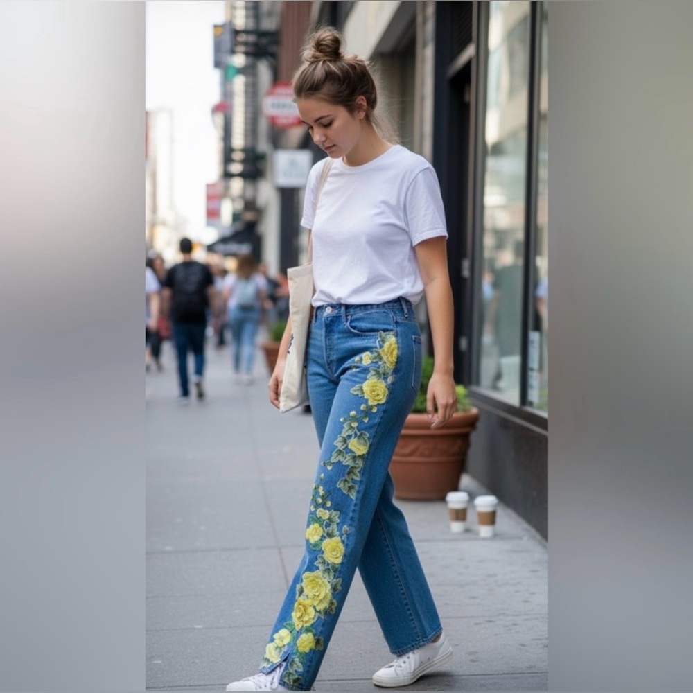 Vintage Levi's Blue Straight Leg Jeans with Yellow Floral leg Embroidery